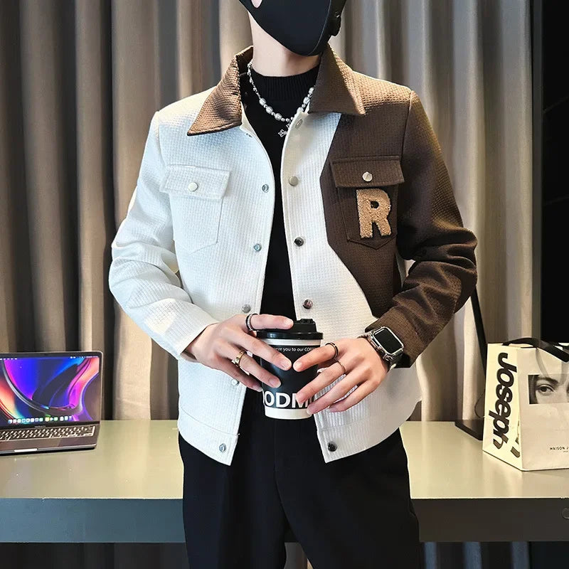 2024 New Spring and Autumn Color Contrast Trendy Slim Fit Coat for Men's Fashion Flip Collar Casual Jacket