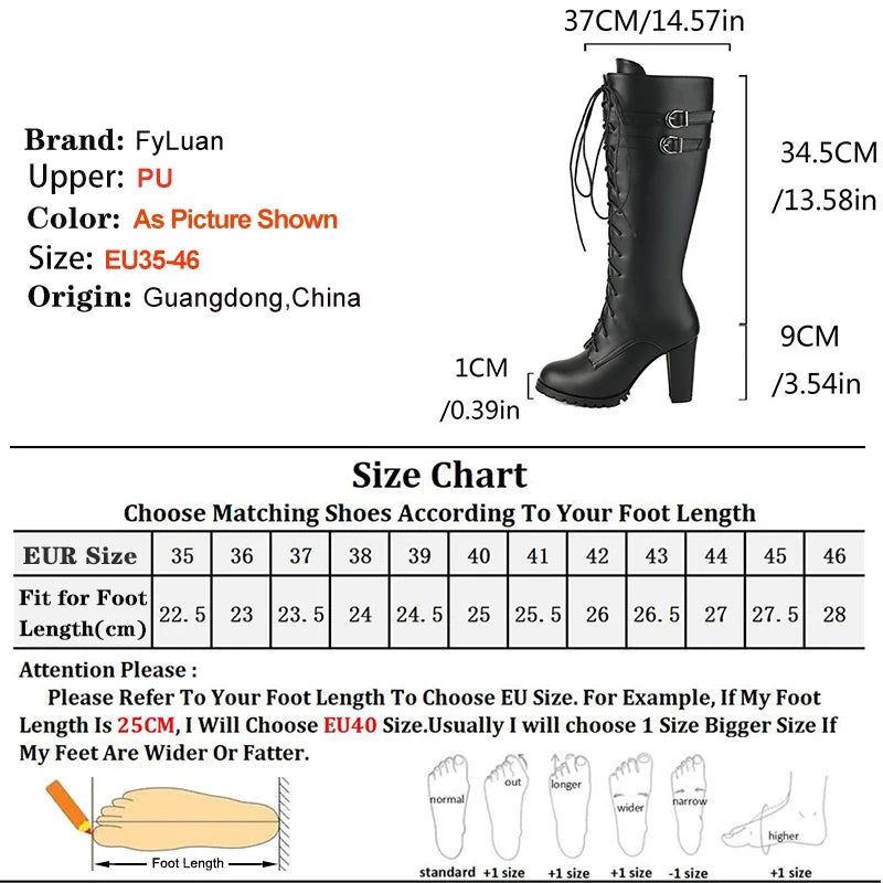 2025 Knight Boots Autumn Winter Women Shoes Tall Boots Round Toe Platform Coarse Heel Knee Length Boots Lace Up Lady Long Boots