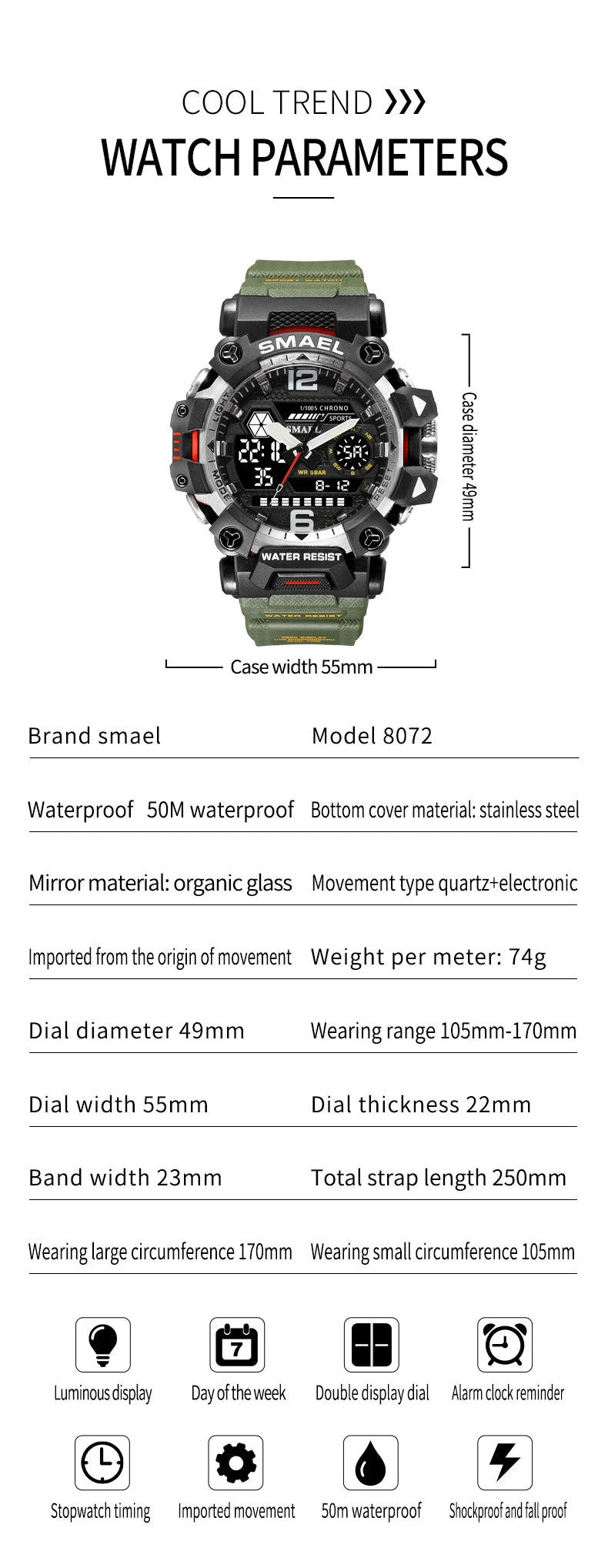 SMAEL Men Watches  50m Waterproof Sports Watch Military Man Sports Watch Digital 8072 Dual Display Watch  Quartz  Led Digital