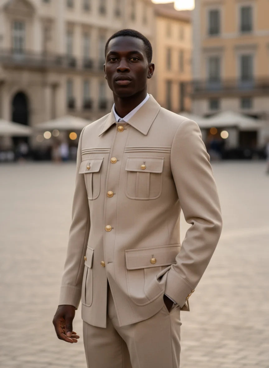 ST Cassy green Elegant Men's suit Classic Fit Multi Buckle Multi Pocket  Casual Business Set Men's 2-piece Set