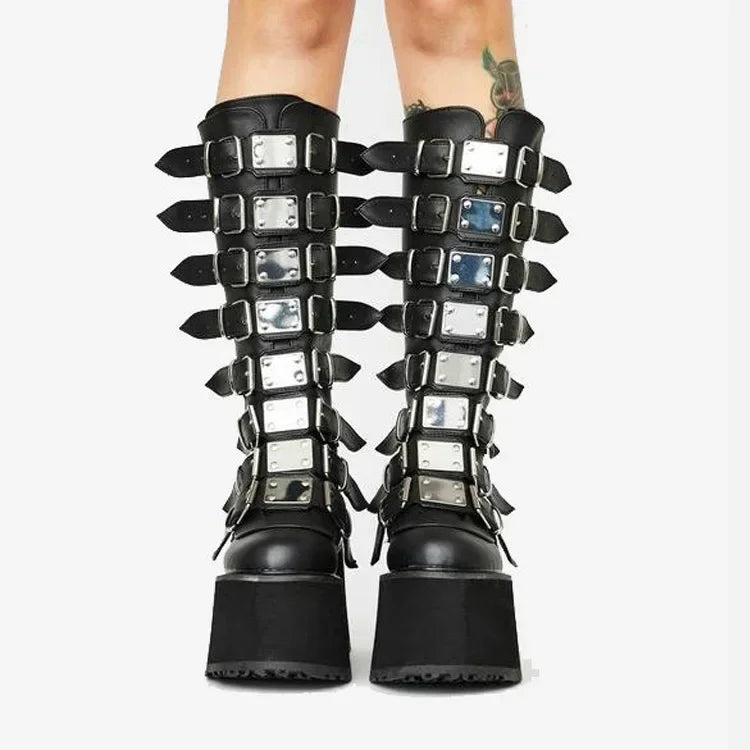 Women Boots Cosplay Ladies High Heel Platform Wedges Women High Boots  Buckle Strap Long Tube Leather Female Boots
