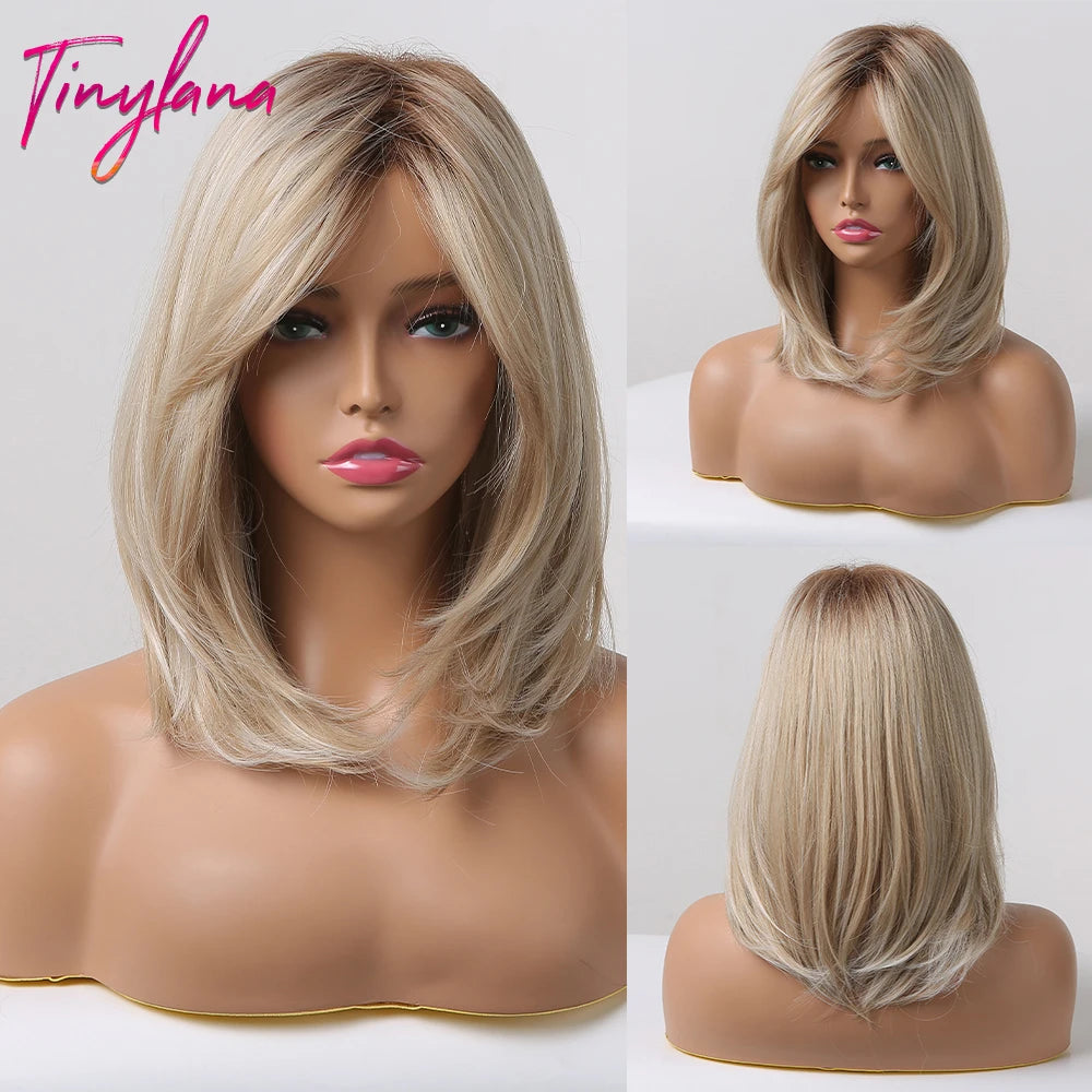 White Blonde Gray Synthetic Wigs with Bangs Short Straight Bob Hair Wig for Women Cosplay Daily Natural Hair Heat Resistant