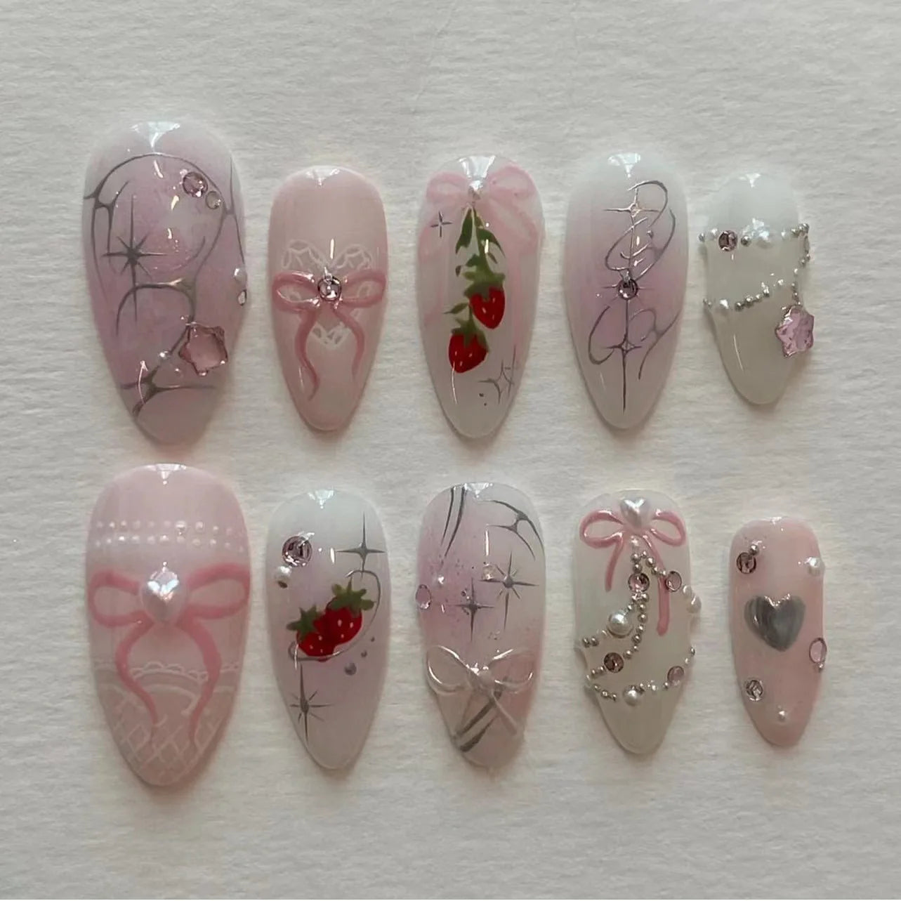 24pcs 3D Pink Flower False Nails Sweet French Almond Fake Nail Patch Full Cover Wearable Hand-painted Butterfly Press on Nails