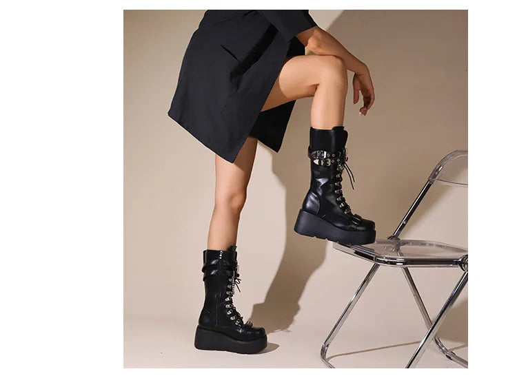 Ladies Platform Boots Fashion Chain Punk Goth Wedges 8cm High Heels Women's Boots Party Street Cosplay Woman Shoes Bota Feminina