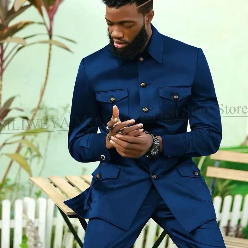 Suits for Men 2 Piece Fashion Stand Collar Single Breasted Suit Solid Color Wedding Tuxedo Business Casual Suit (Jacket+Pants)