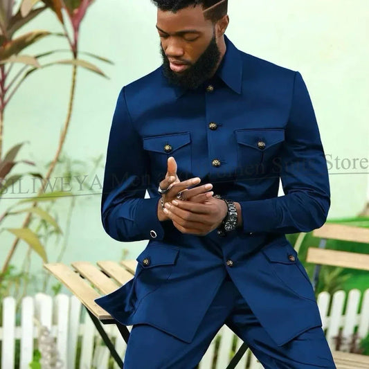 Suits for Men 2 Piece Fashion Stand Collar Single Breasted Suit Solid Color Wedding Tuxedo Business Casual Suit (Jacket+Pants)