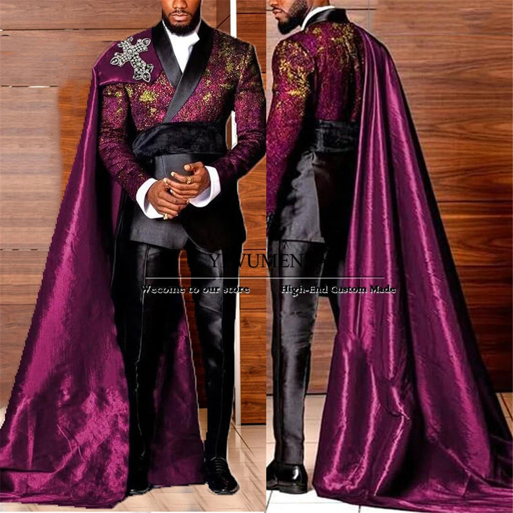 Elegance Suits Men Floral Prom Blazer With Cape Long Customized 2-Piece Set Man Formal Occasion Party Dress Groom Wedding Tuxedo