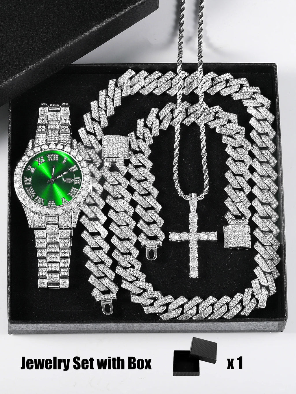 Iced Out Luxury Popular set Watch+Bracelet+Necklace With Gift Box Cuban Chain Cross Pendent Jewelry HipHop Style For Men Women