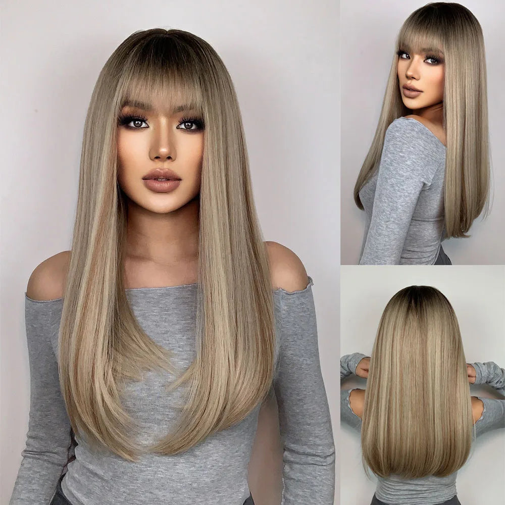 HENRY MARGU White Long Straight Synthetic Wigs for Women Colorful Cosplay Party Fake Hair with Bangs White Wig HighTemperature
