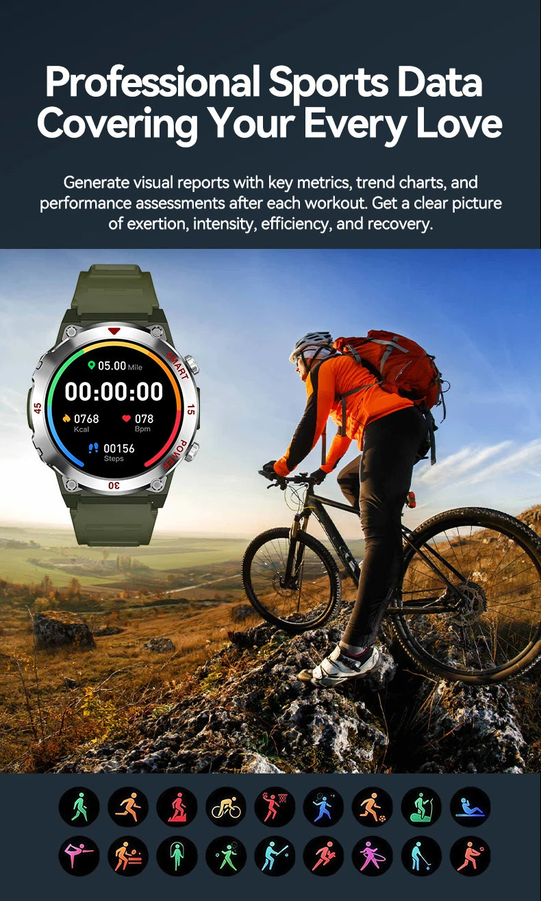 LAXASFIT 2025 New Rugged Military Smart Watch Men's Heart Rate Flashlight Outdoor Sports Tracker Bluetooth Talk Smart Watch