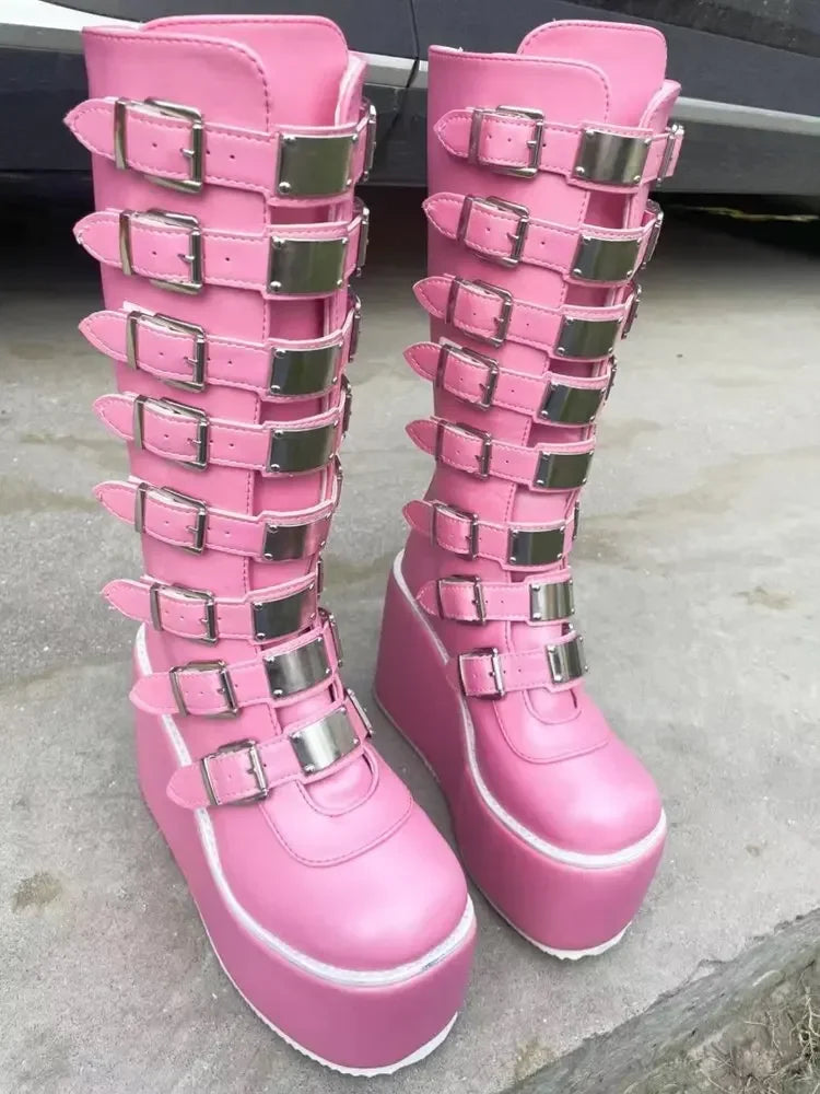 Women Boots Cosplay Ladies High Heel Platform Wedges Women High Boots  Buckle Strap Long Tube Leather Female Boots