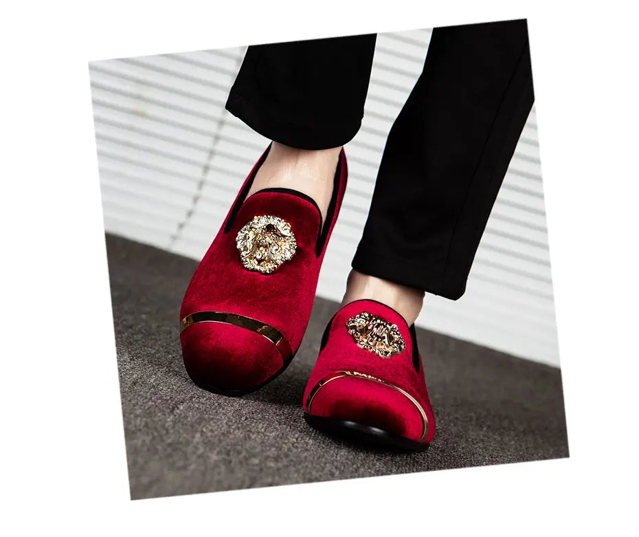 Men Dress Shoes Wedding Party Shoes Loafers Fashion Tiger Gold Metal Men Flats Factory  Big Size 38-47