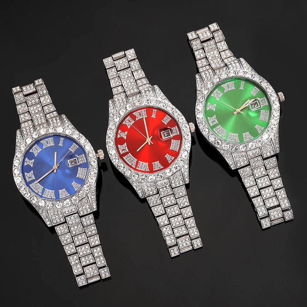 Iced Out Luxury Popular set Watch+Bracelet+Necklace With Gift Box Cuban Chain Cross Pendent Jewelry HipHop Style For Men Women