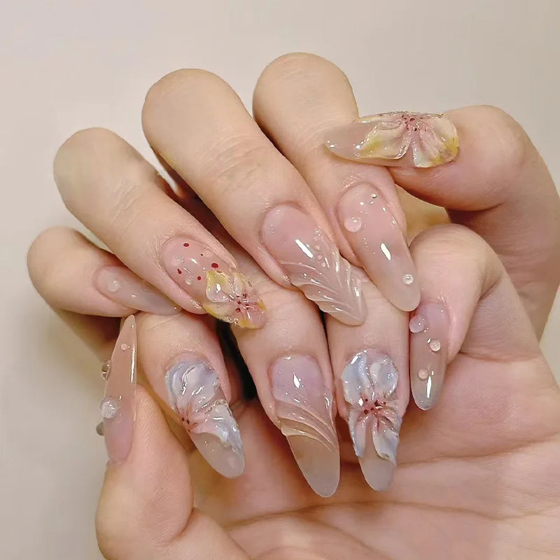 24pcs 3D Pink Flower False Nails Sweet French Almond Fake Nail Patch Full Cover Wearable Hand-painted Butterfly Press on Nails