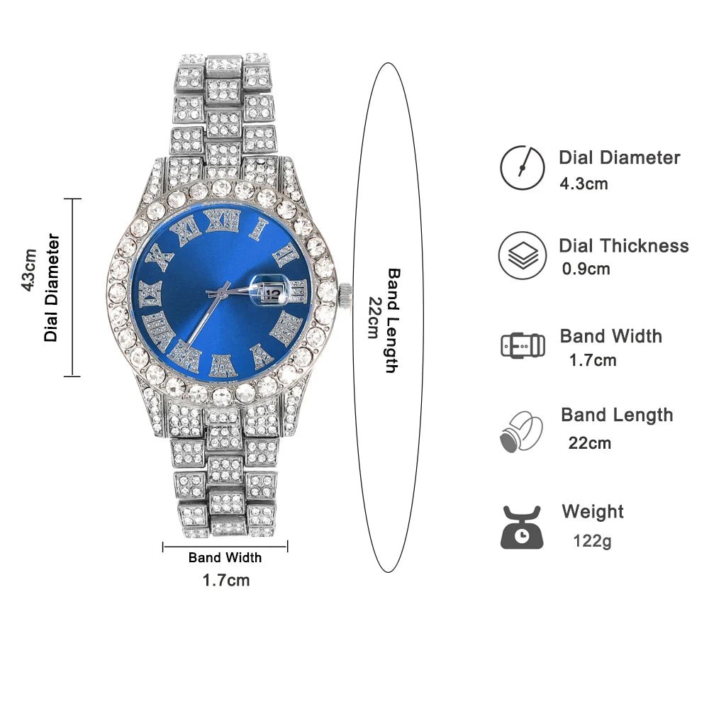 Iced Out Luxury Popular set Watch+Bracelet+Necklace With Gift Box Cuban Chain Cross Pendent Jewelry HipHop Style For Men Women