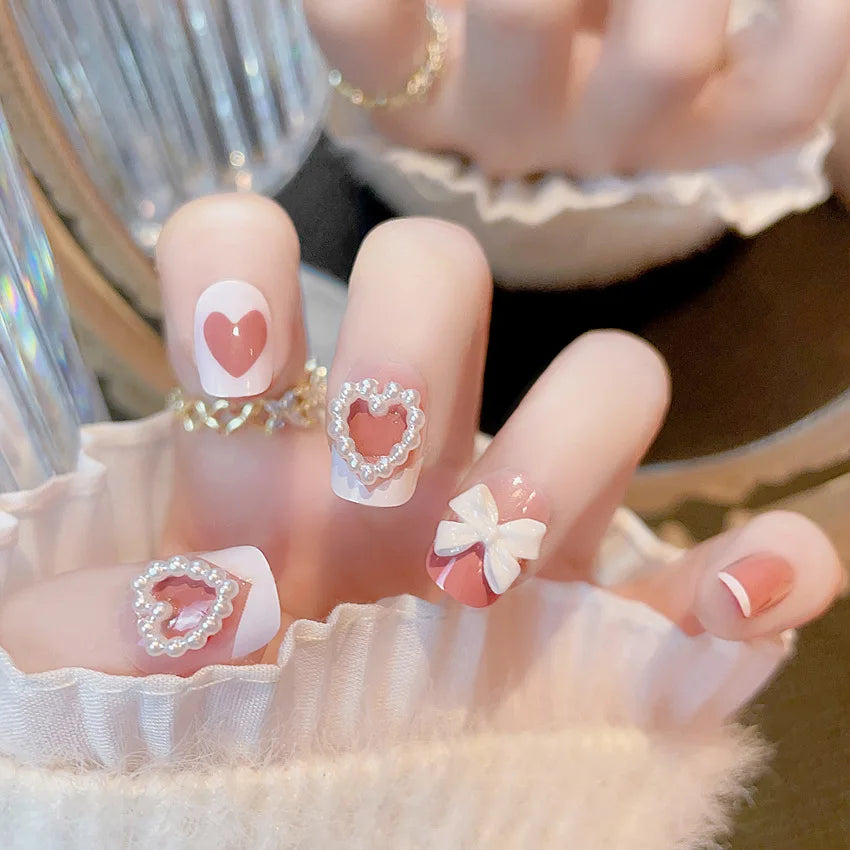 24Pcs/set Bows Press on Nails Short Square Fake Nail White French Tip False Nails with Pink Bow Charms Stick on Nails for Women