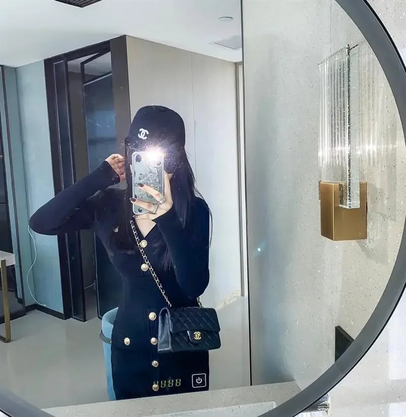 Elegant Long Sleeve Tweed Style Knit Dress Women's Autumn 2023 New V-neck Waist-fitted Slimming Dress Black