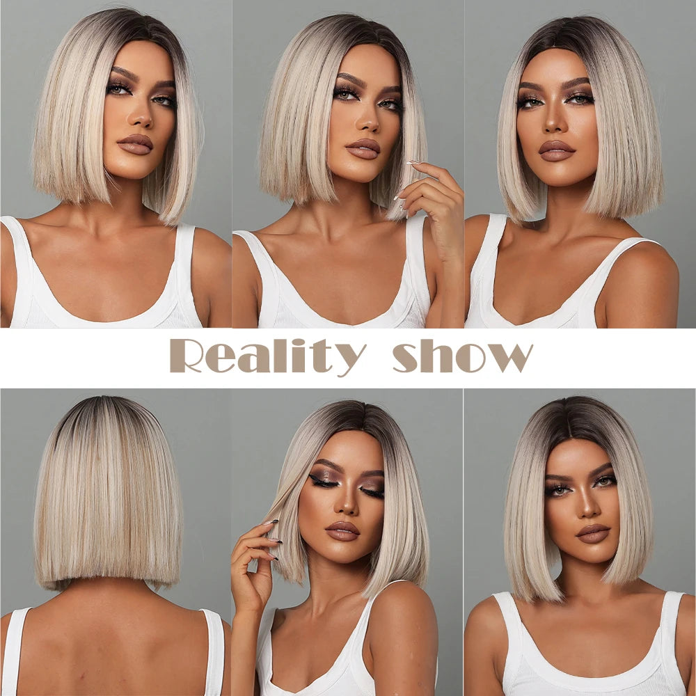White Blonde Gray Synthetic Wigs with Bangs Short Straight Bob Hair Wig for Women Cosplay Daily Natural Hair Heat Resistant