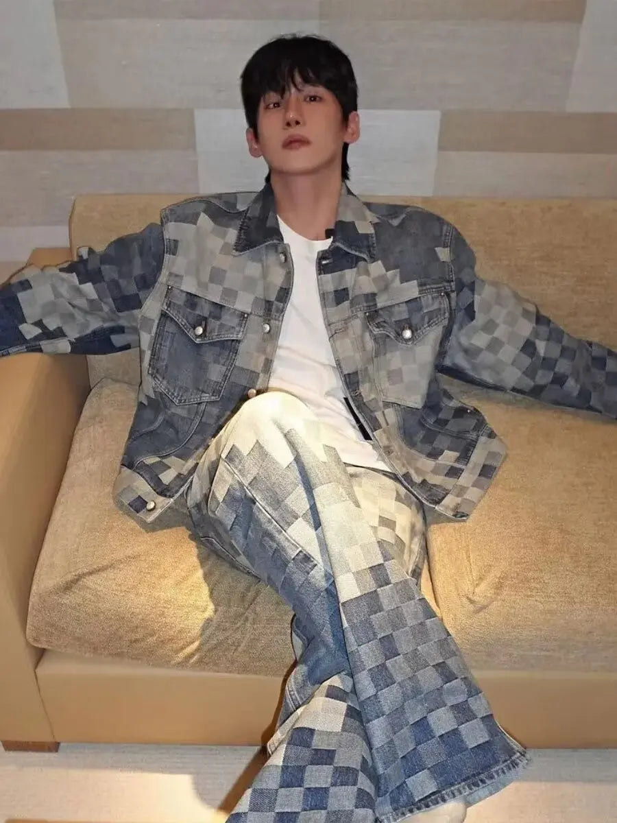 Vintage Loose Denim Jacket Trendy Men's Loose-Fit Jacket Men Streetwear Harajuku Style Plaid Coat Hip Hop Gothic Clothes