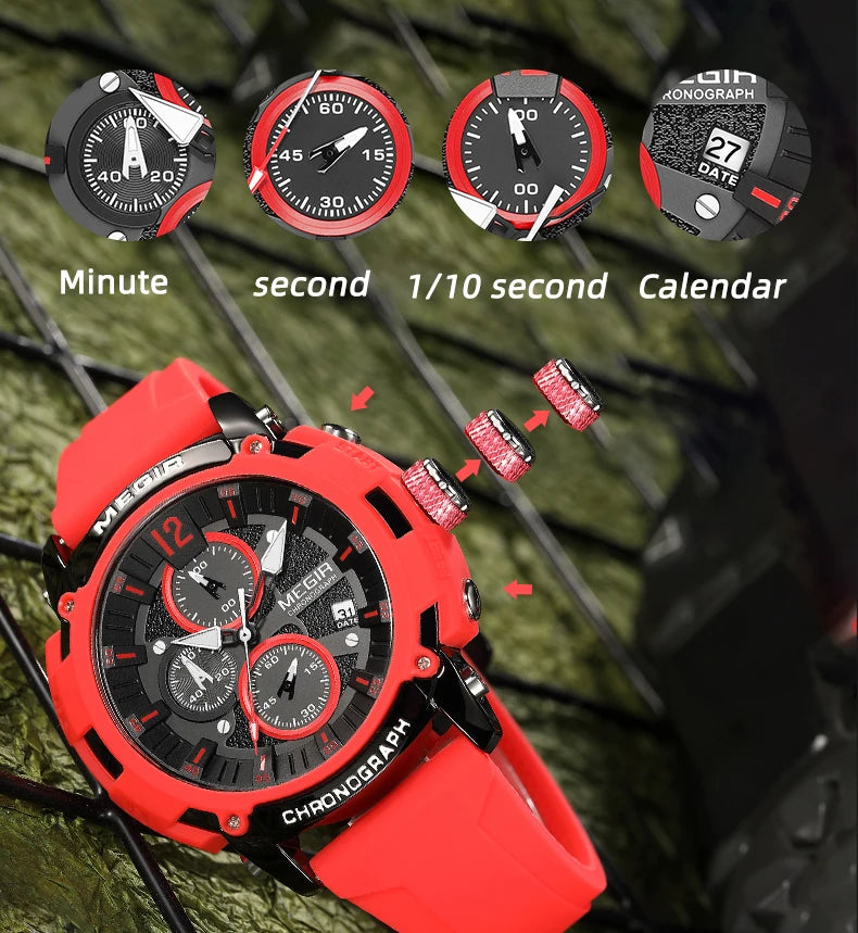 Megir Men's Chronograph Analog Quartz Watch for Men with Date Luminous Hands Orange Silicone Strap Waterproof Wristswatch Male