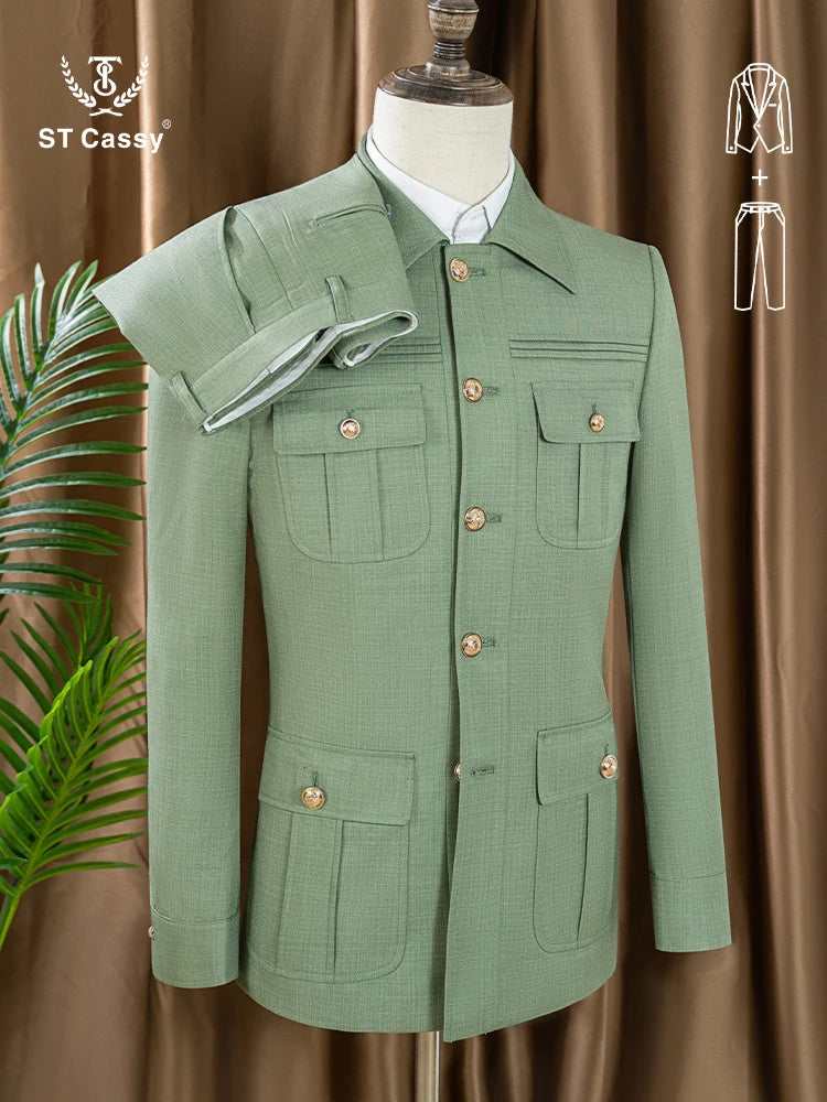 ST Cassy green Elegant Men's suit Classic Fit Multi Buckle Multi Pocket  Casual Business Set Men's 2-piece Set