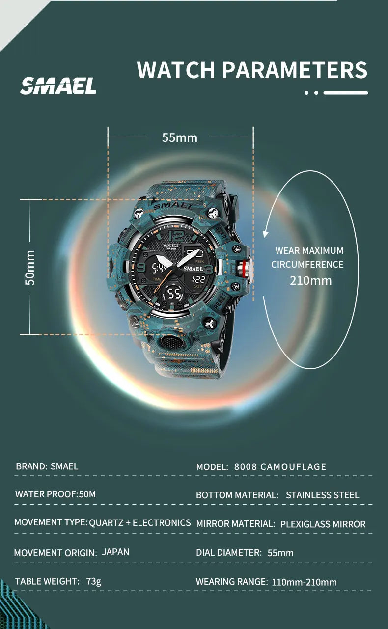 SMAEL Military Watch for men 50M Waterproof Clock Male S Shock 8008 electronics Digital Watches LED Men's Watches Military Army