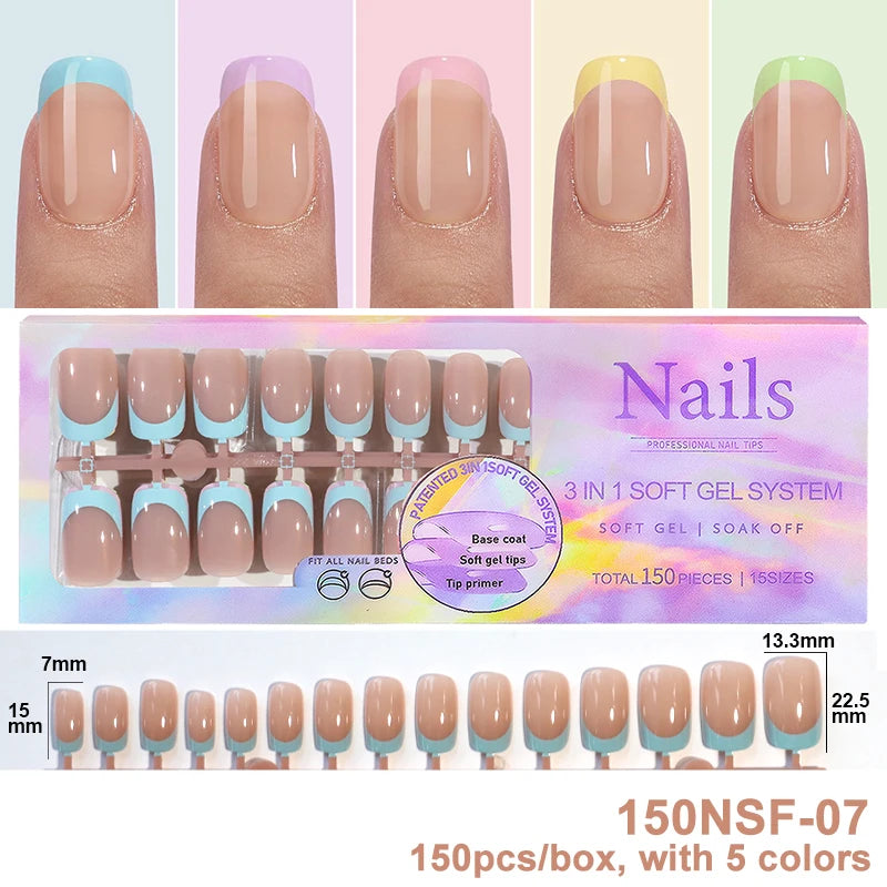 150Pcs/Box Acrylic Press on Nails Full Cover Fake False Tips Soft Gel Extension T-shaped Oval Capsule Almond Sculpted Salon DIY