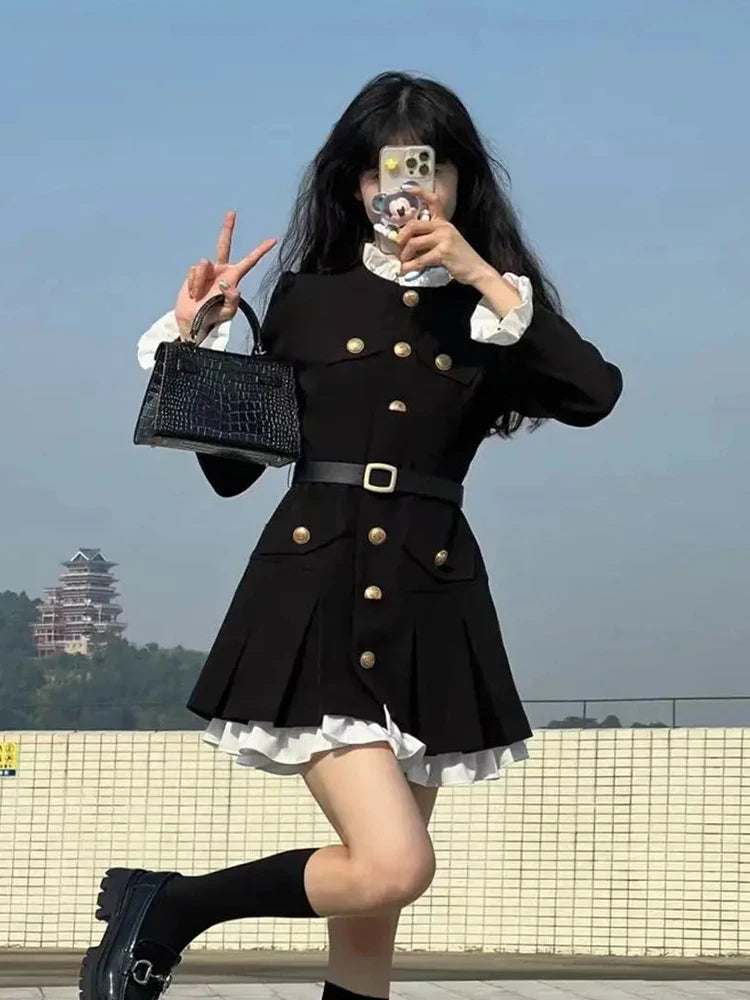 French Fashion Mini Dress Women Small Fragrance Long Sleeve Button Patchwork Suit Dresses Sweet Belt Slim O Neck Chic Vestidos