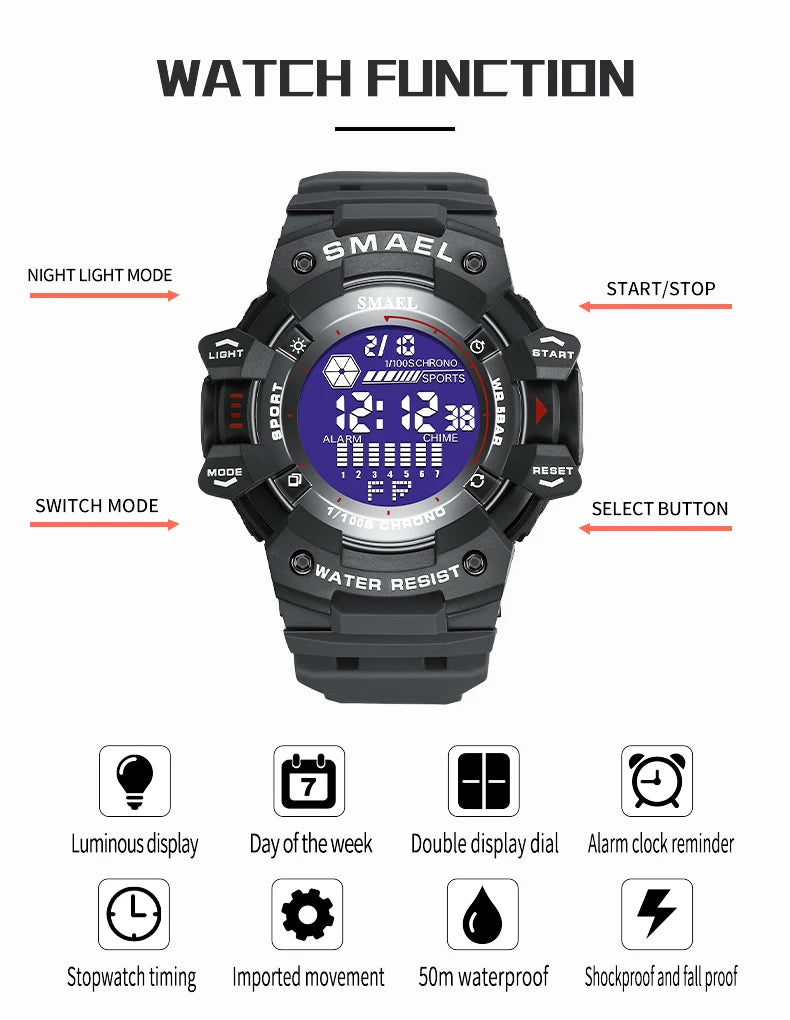 2023 Men Watches Luxury Man Military Watch SMAEL 8050 Waterproof Big Dial Fashion LED Backlight Sport Digital Watch For Men