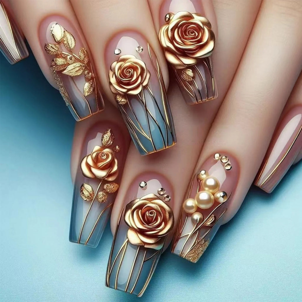 24pcs Blue Gradient Press on Nails Finished Golden Flower Coffin False Nail Tips Long Ballet Fake Nail with Pearl Design Nails