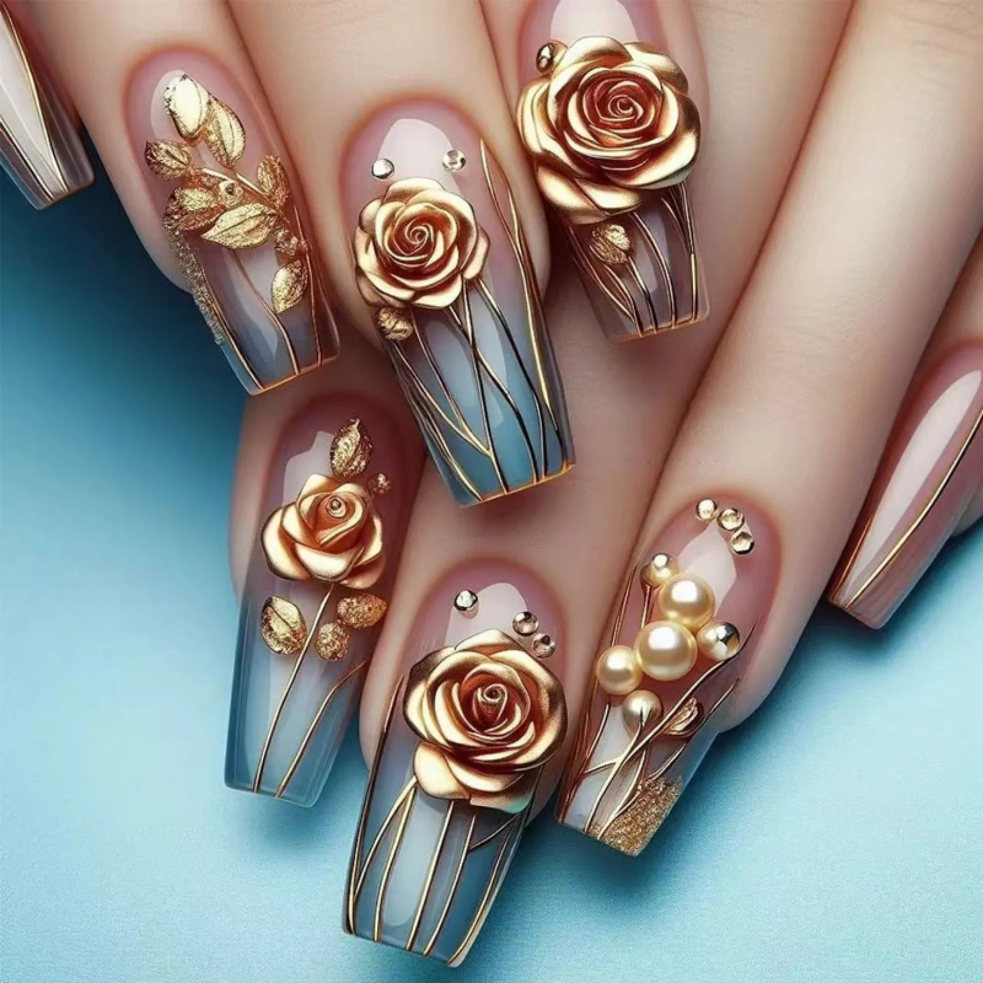 24pcs Blue Gradient Press on Nails Finished Golden Flower Coffin False Nail Tips Long Ballet Fake Nail with Pearl Design Nails