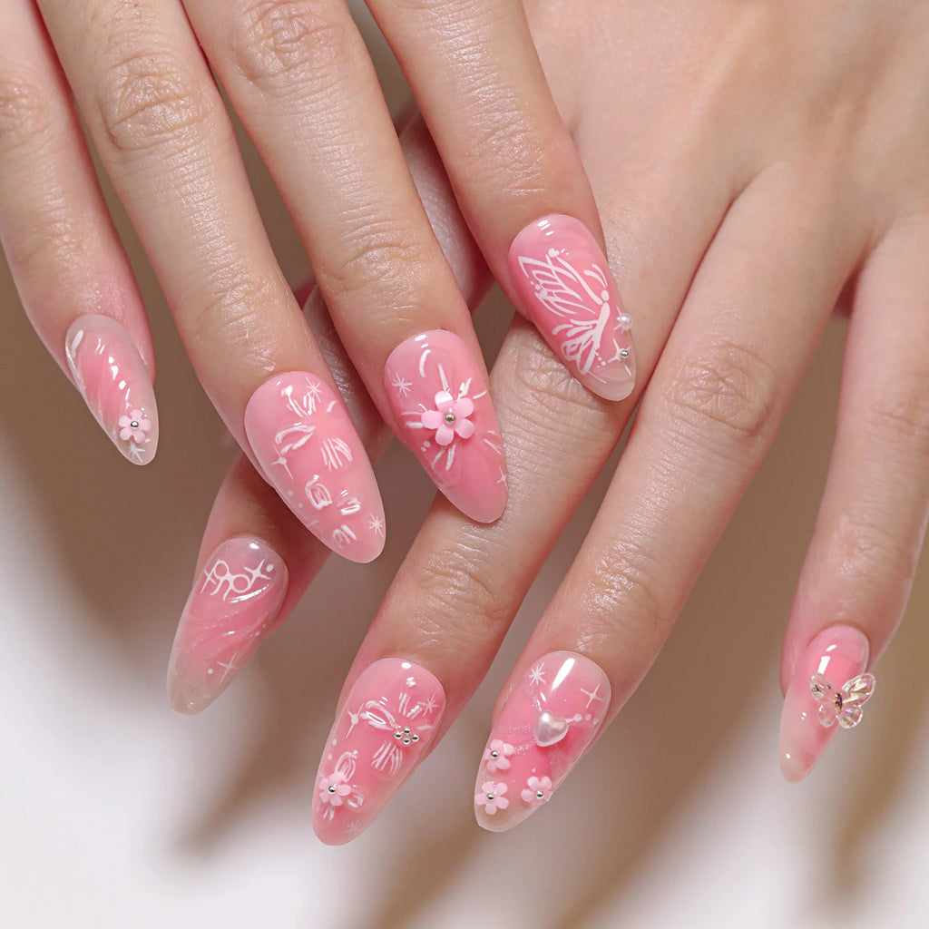 24pcs 3D Pink Flower False Nails Sweet French Almond Fake Nail Patch Full Cover Wearable Hand-painted Butterfly Press on Nails
