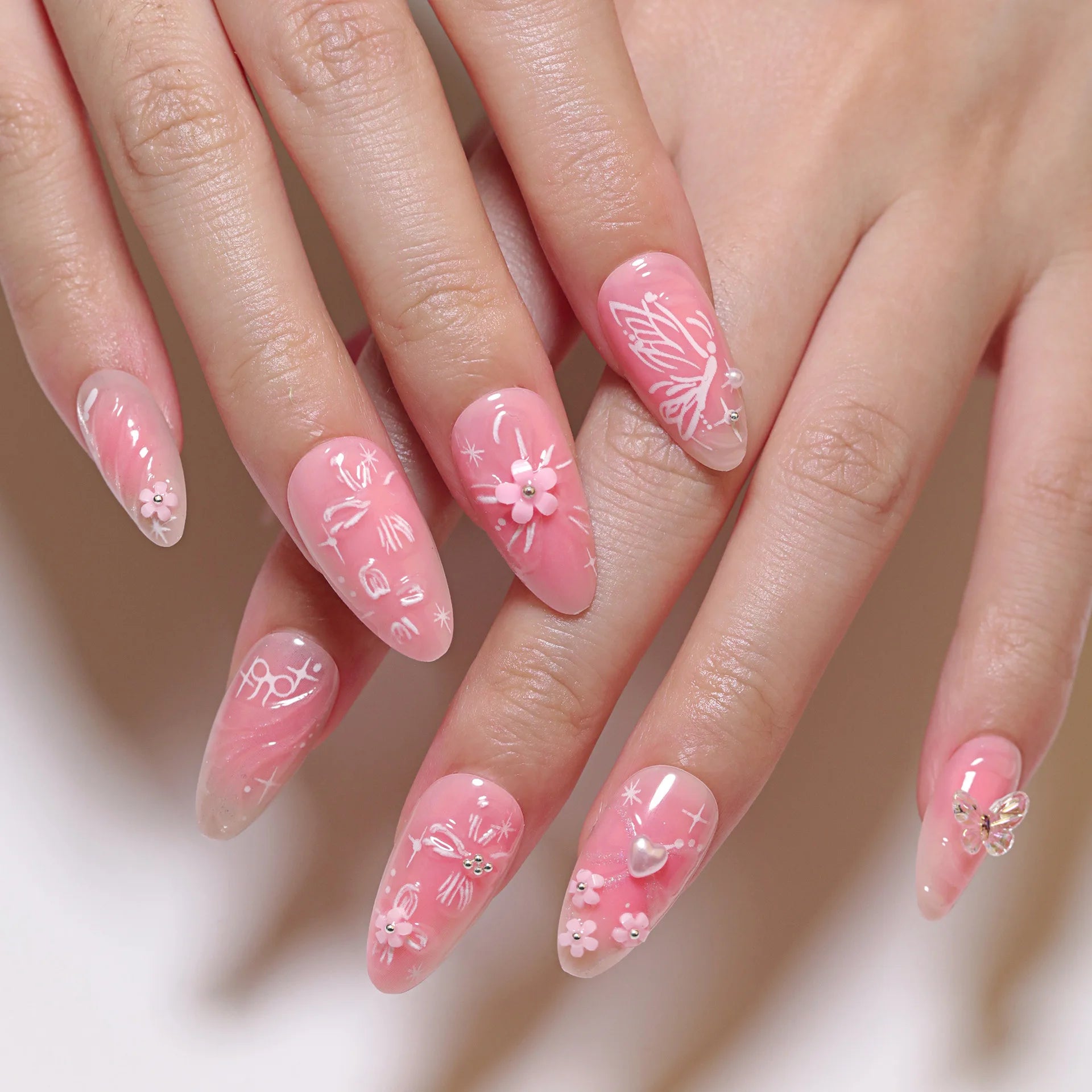 24pcs 3D Pink Flower False Nails Sweet French Almond Fake Nail Patch Full Cover Wearable Hand-painted Butterfly Press on Nails