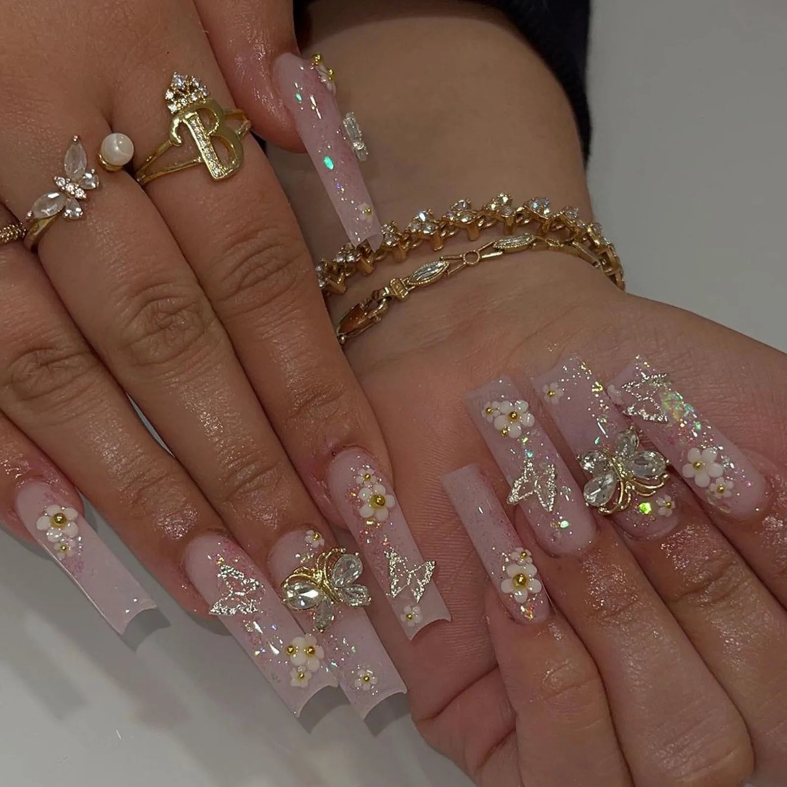 Rhinestone Embellished White Fake Nails Long Square UV Gel Cool Color Nails for Dance Parties Weekend Trips Parties