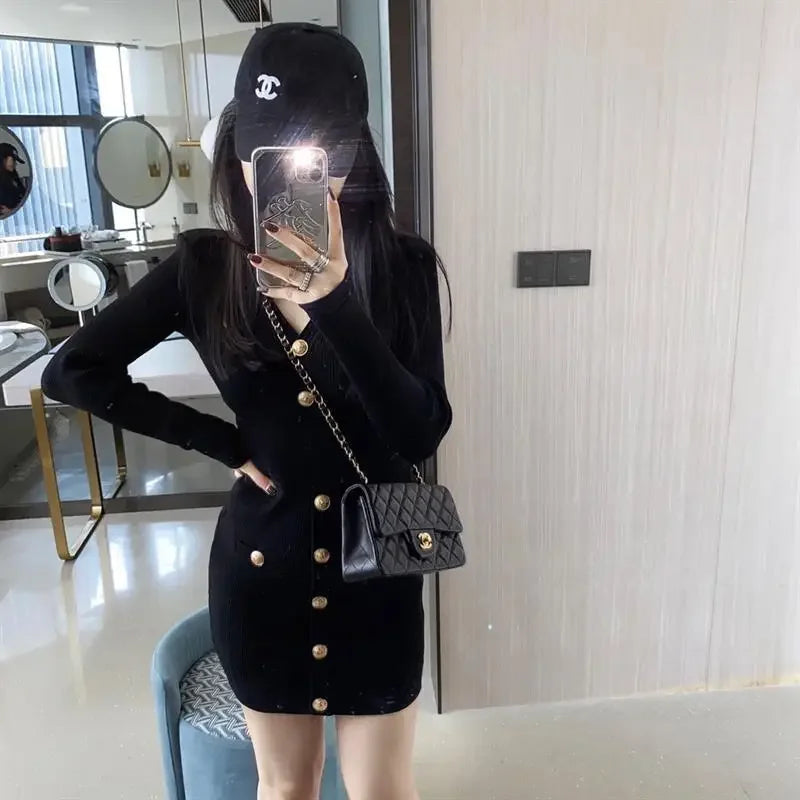 Elegant Long Sleeve Tweed Style Knit Dress Women's Autumn 2023 New V-neck Waist-fitted Slimming Dress Black