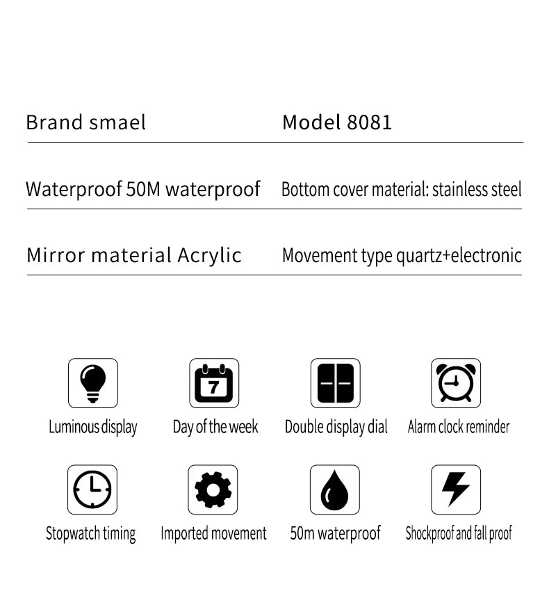 SMAEL Multifunctional LED Light Digital Sport Watch Mens Casual Student Stopwatch Clendar Clock Quartz Analog Wristwatches 8081