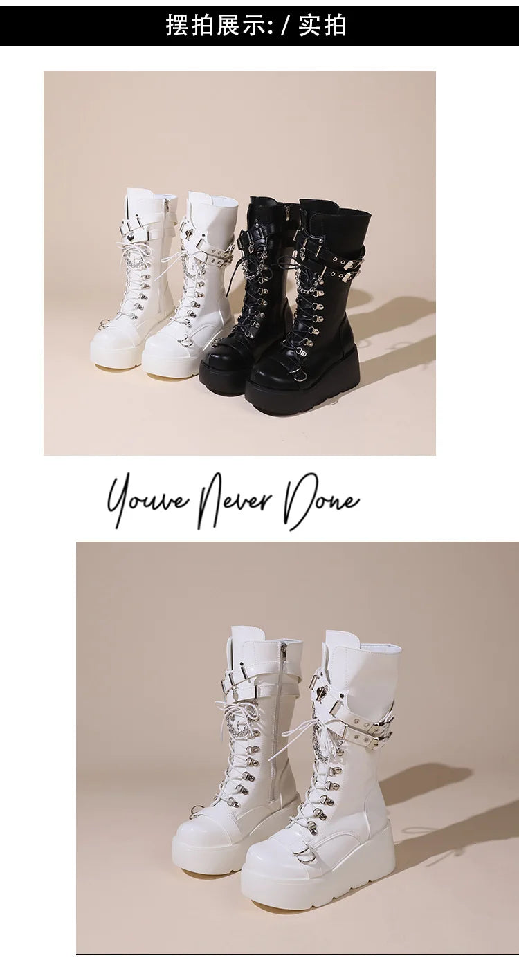 Ladies Platform Boots Fashion Chain Punk Goth Wedges 8cm High Heels Women's Boots Party Street Cosplay Woman Shoes Bota Feminina
