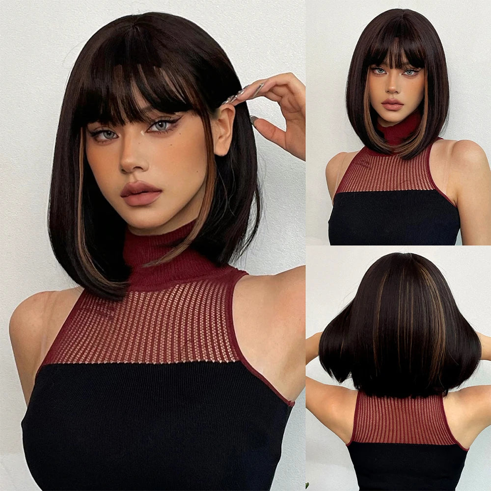 White Blonde Gray Synthetic Wigs with Bangs Short Straight Bob Hair Wig for Women Cosplay Daily Natural Hair Heat Resistant