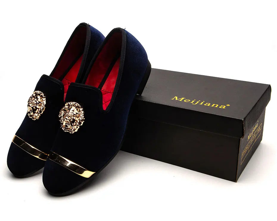 Men Dress Shoes Wedding Party Shoes Loafers Fashion Tiger Gold Metal Men Flats Factory  Big Size 38-47