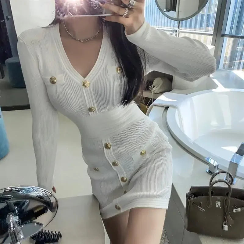 Elegant Long Sleeve Tweed Style Knit Dress Women's Autumn 2023 New V-neck Waist-fitted Slimming Dress Black