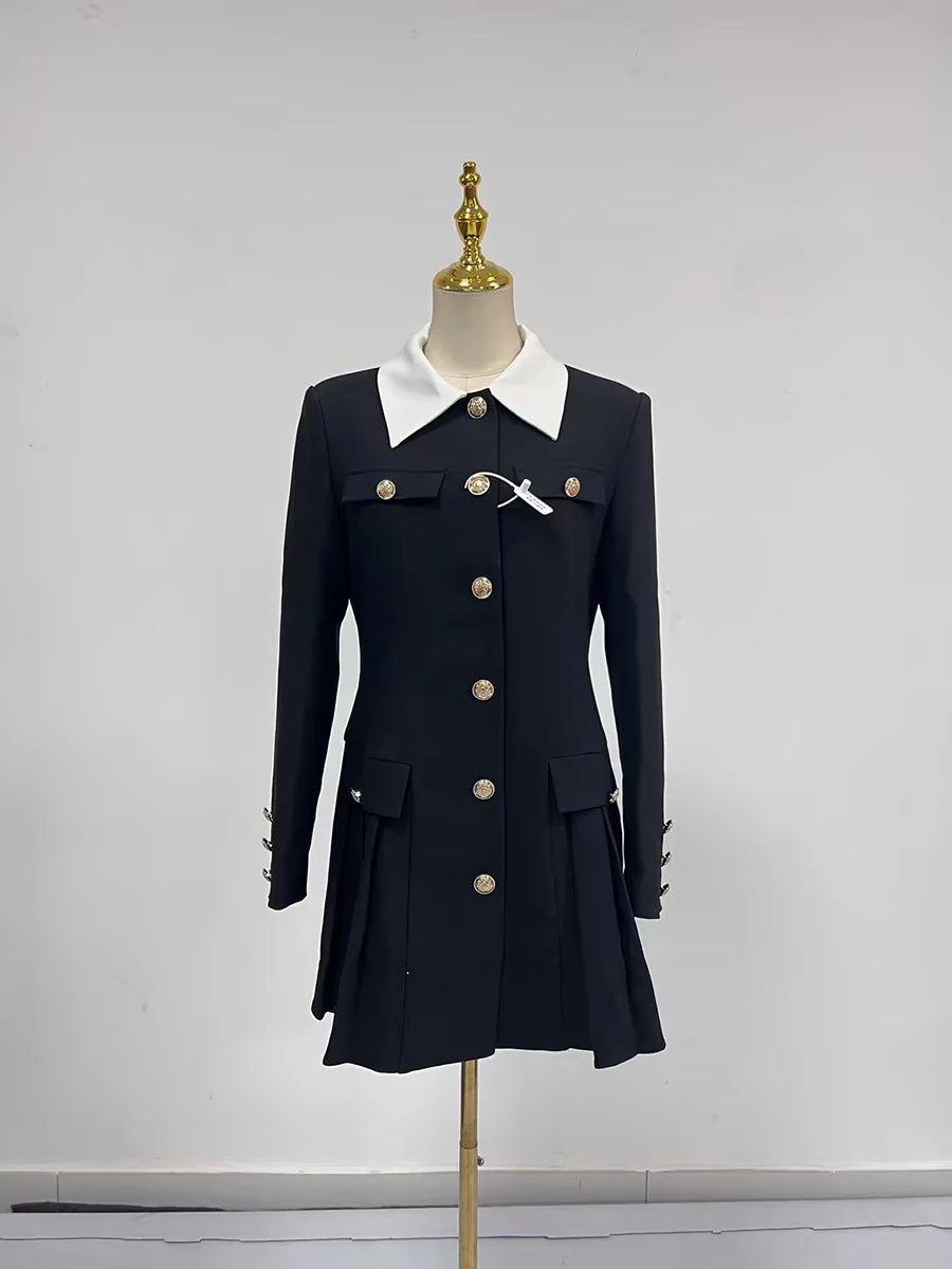 TWOTWINSTYLE Hit Color Spliced Button Slimming Dresses for Women Lapel Long Sleeve Temperament Mini Dress Female Clothes