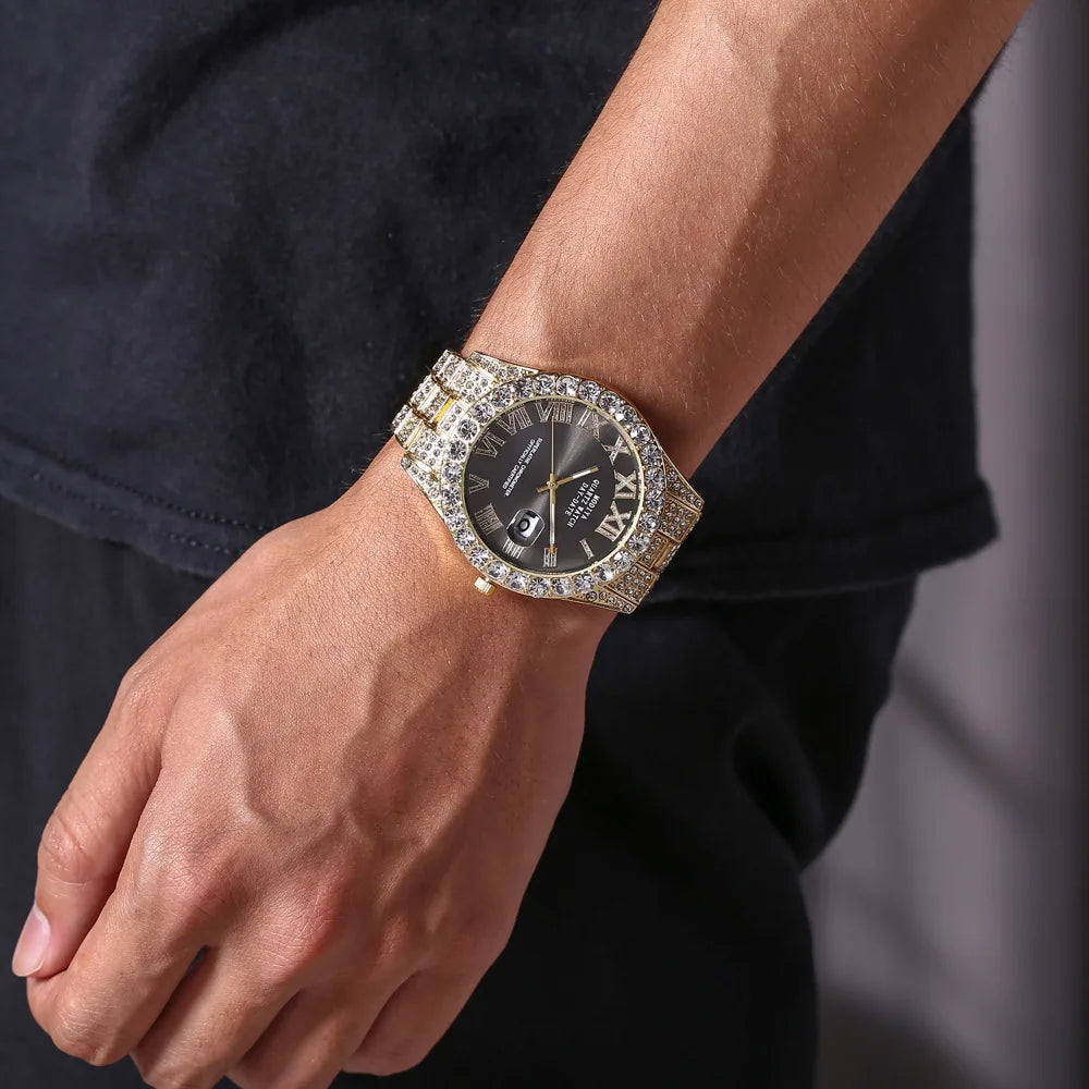 Classic Luxury  Golden Men's Steel Strap Roman Scale Rhinestone Calendar Quartz Watch Fashion Male Wristwatch Relogio Masculino