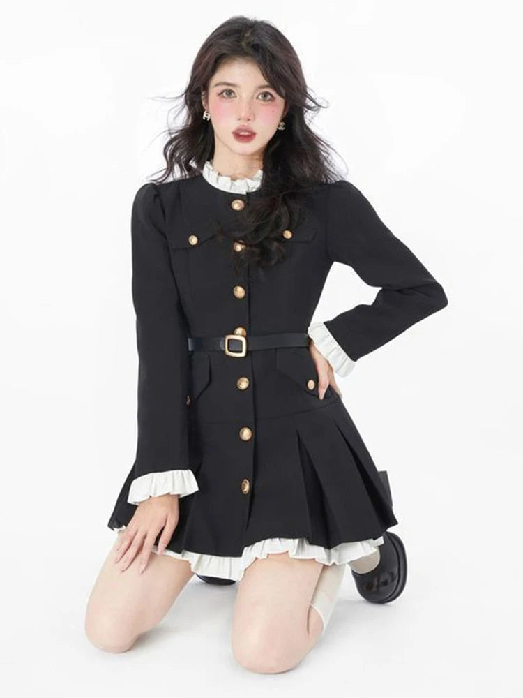 French Fashion Mini Dress Women Small Fragrance Long Sleeve Button Patchwork Suit Dresses Sweet Belt Slim O Neck Chic Vestidos