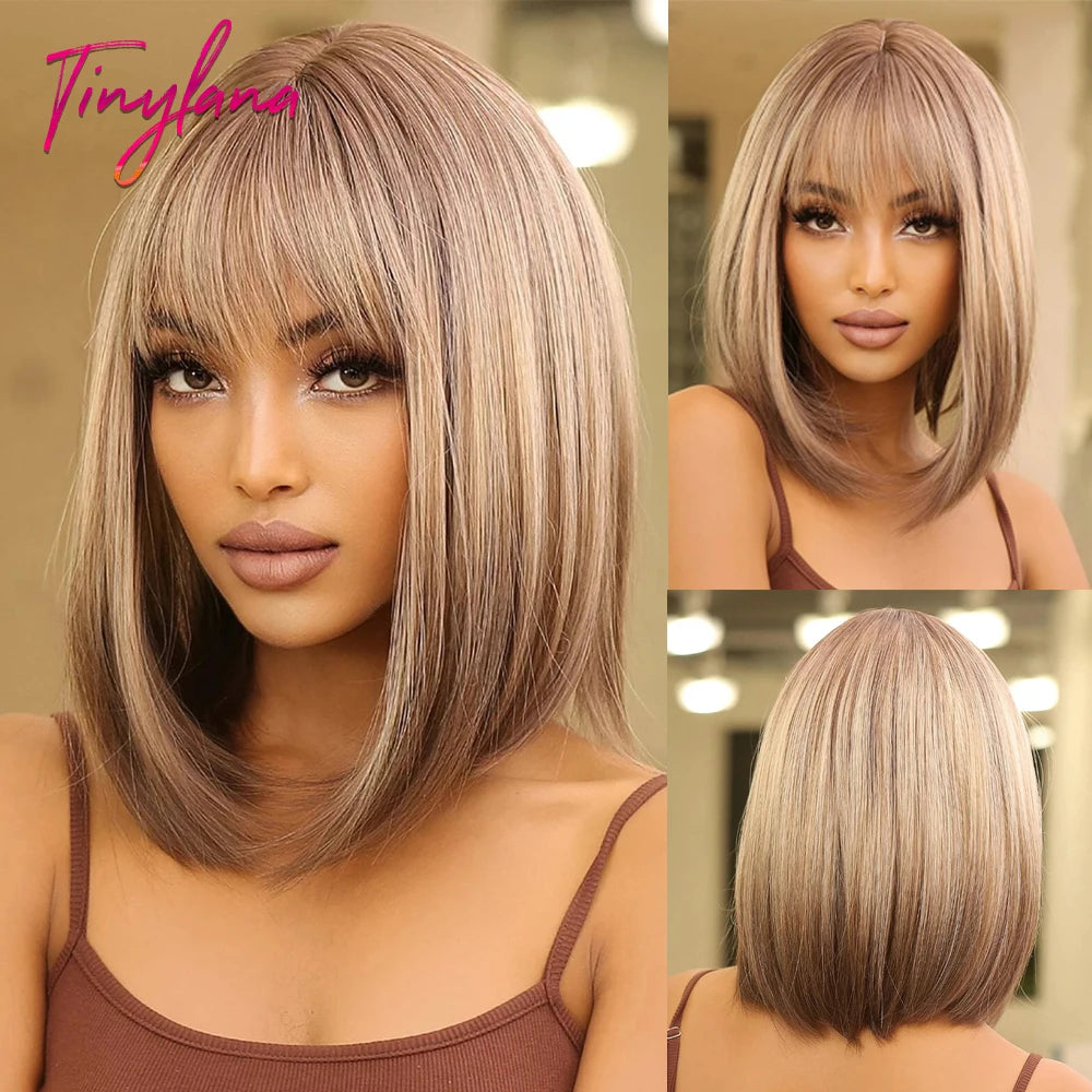 White Blonde Gray Synthetic Wigs with Bangs Short Straight Bob Hair Wig for Women Cosplay Daily Natural Hair Heat Resistant