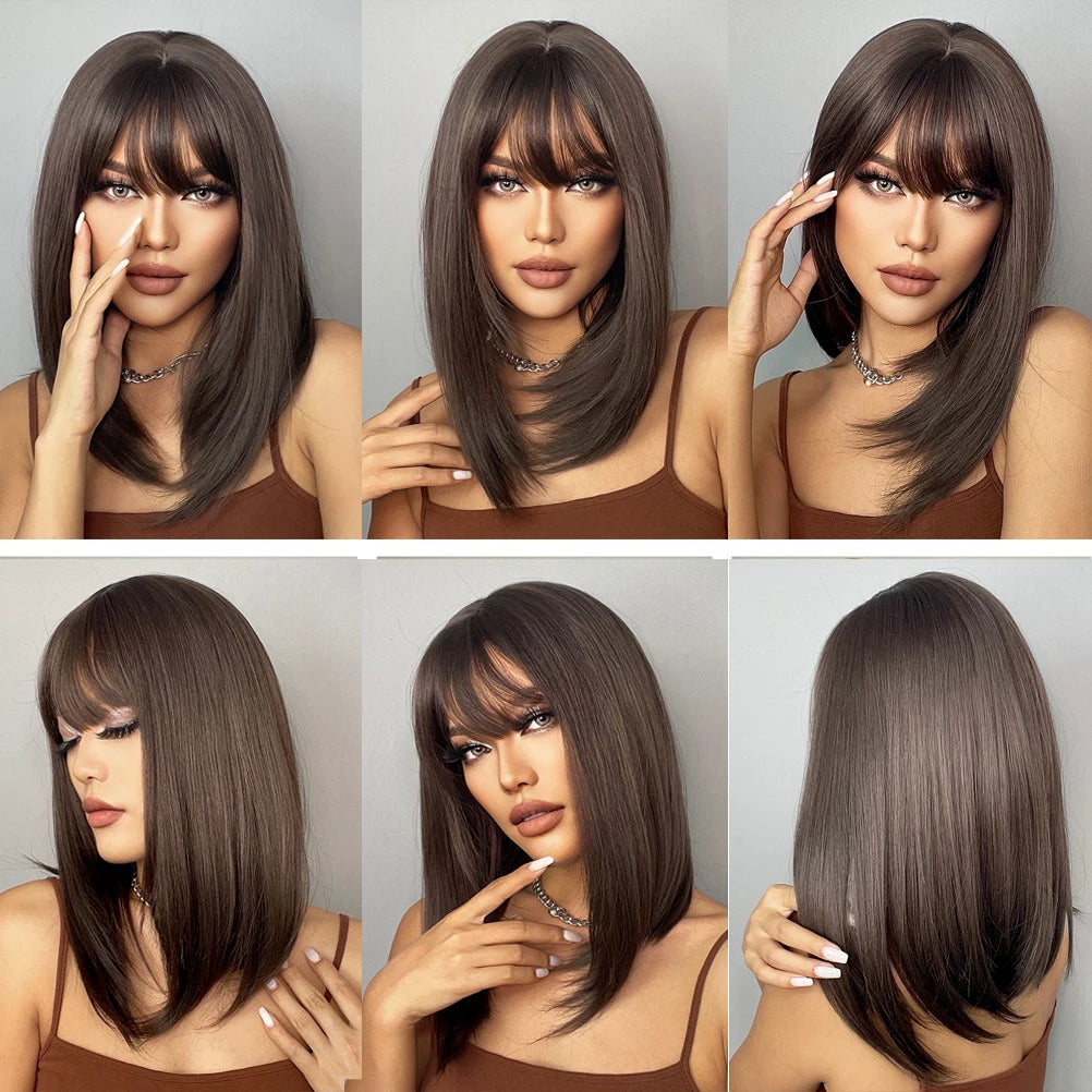 White Blonde Gray Synthetic Wigs with Bangs Short Straight Bob Hair Wig for Women Cosplay Daily Natural Hair Heat Resistant