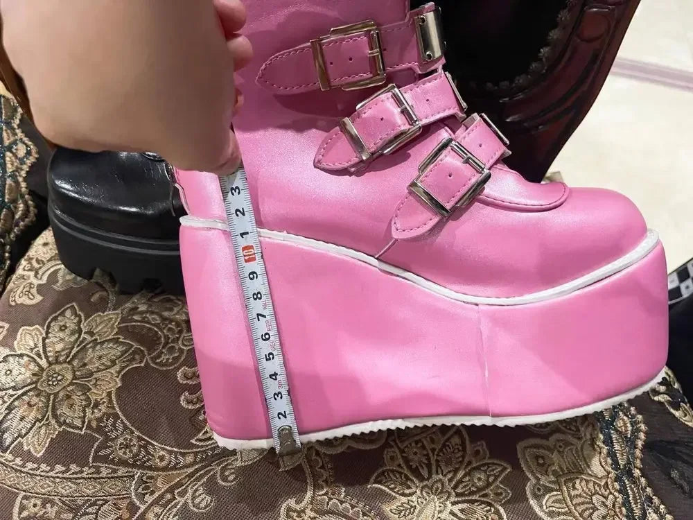 Women Boots Cosplay Ladies High Heel Platform Wedges Women High Boots  Buckle Strap Long Tube Leather Female Boots