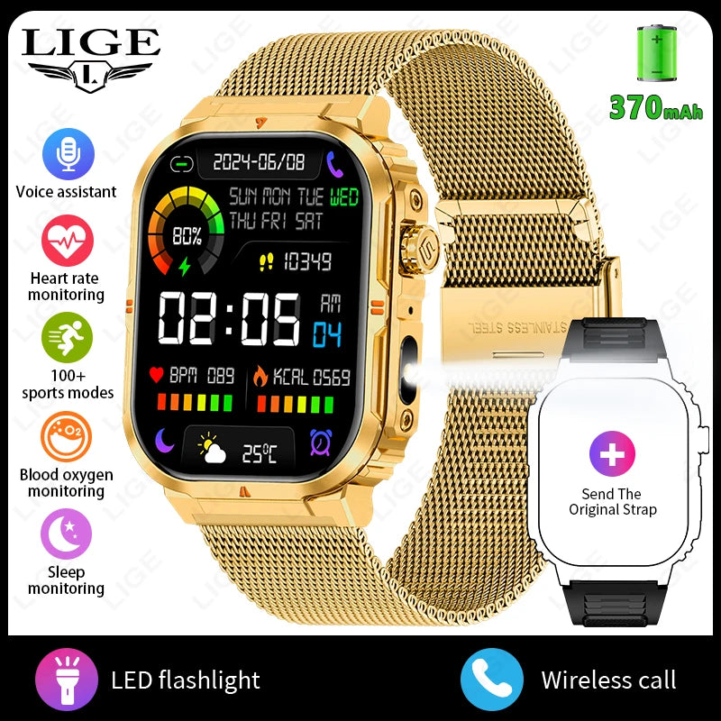 2025 New Professional Sports Smart Watch Men 2.01'' Large Screen Bluetooth Call Watches Flashlight Waterproof Outdoor Smartwatch