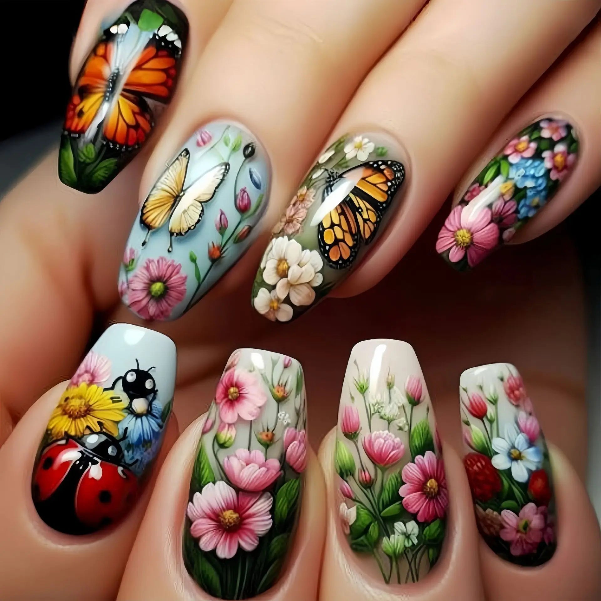 24pcs Blue Gradient Press on Nails Finished Golden Flower Coffin False Nail Tips Long Ballet Fake Nail with Pearl Design Nails