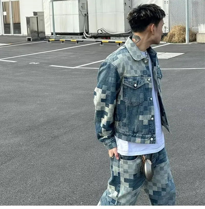 Vintage Loose Denim Jacket Trendy Men's Loose-Fit Jacket Men Streetwear Harajuku Style Plaid Coat Hip Hop Gothic Clothes