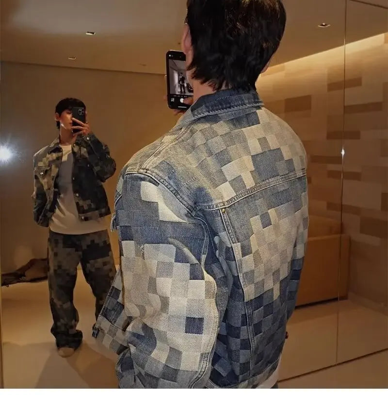 Vintage Loose Denim Jacket Trendy Men's Loose-Fit Jacket Men Streetwear Harajuku Style Plaid Coat Hip Hop Gothic Clothes